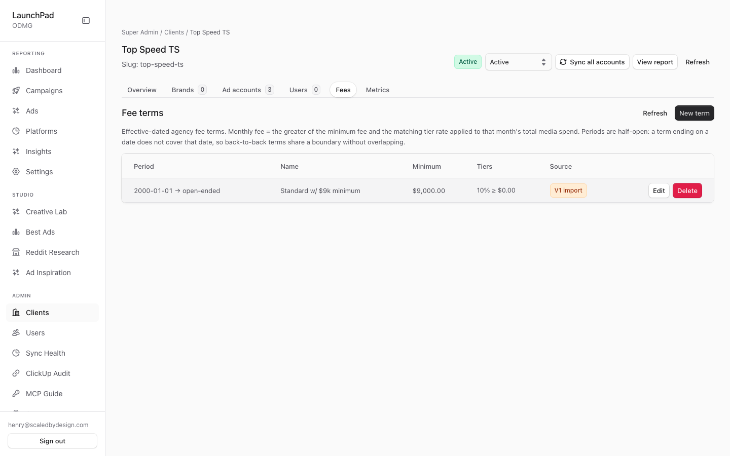 Admin Client Detail — Fees tab