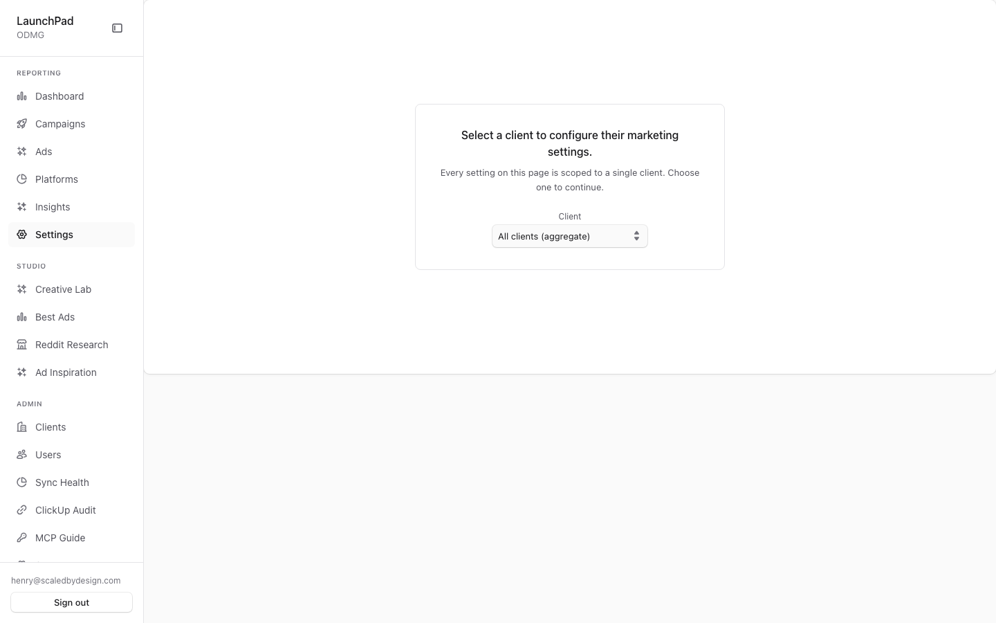 Marketing Settings — client-picker gate